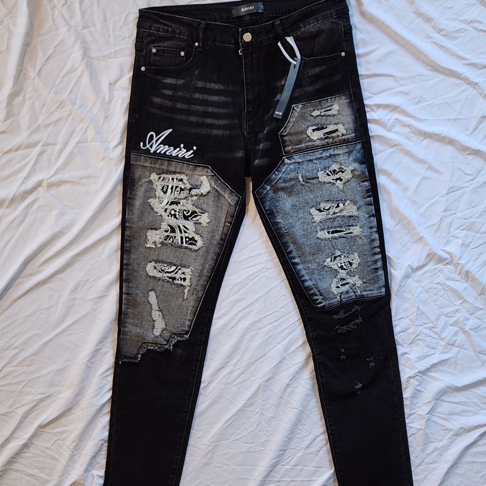 AMIRI Black and Gray Distressed Skinny Jeans